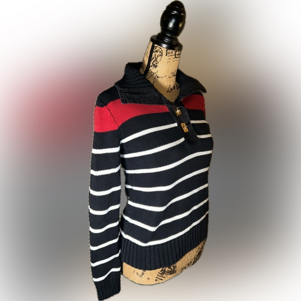 LRL Ralph Lauren Preppy Cotton Knit Striped Turnlock Buckle Pullover Sweater S